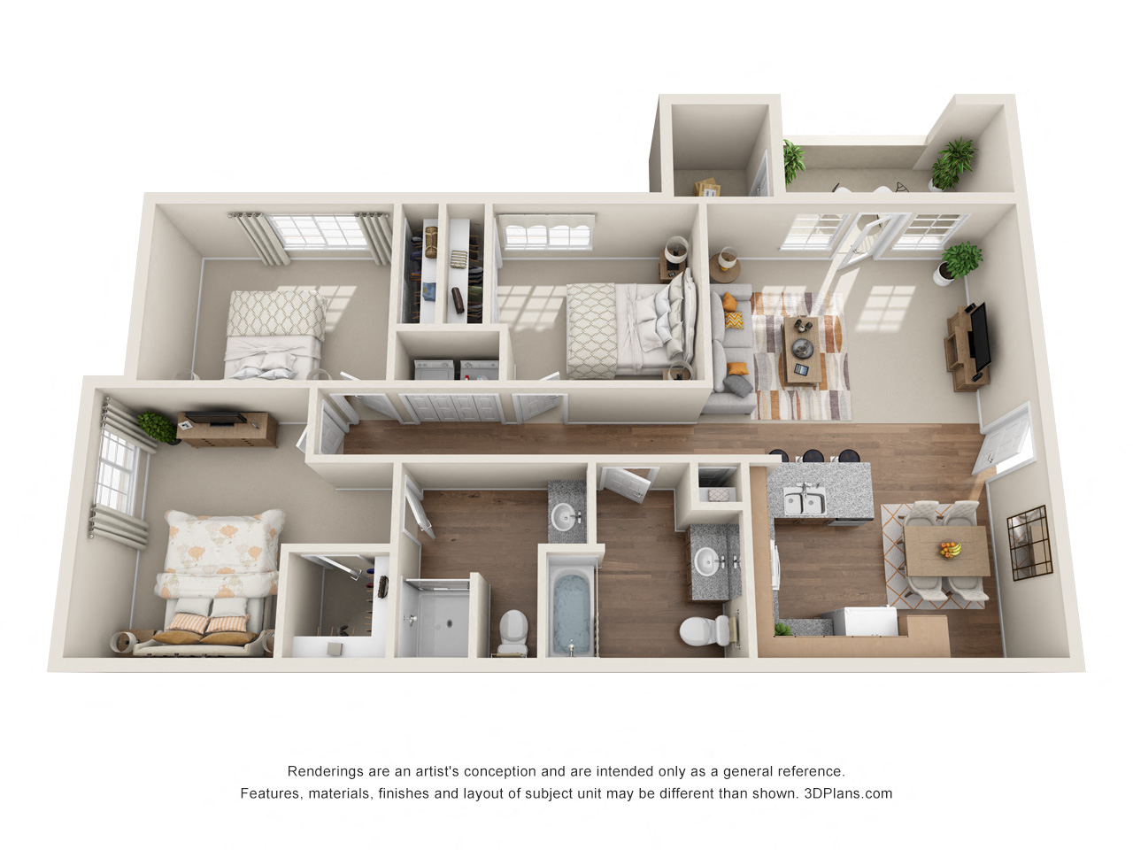 Floor plan for 3 beds, 2 baths, 1142 sqft